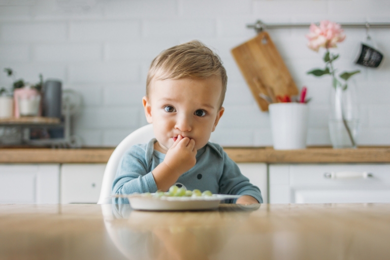 Toddler in a high chair eating grapes from a plate in the kitchen.