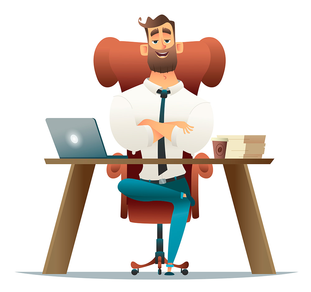Cartoon man sitting at a desk with laptop and papers.