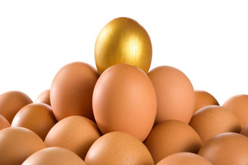 A golden egg rests atop a pile of brown eggs, symbolizing rarity and uniqueness.